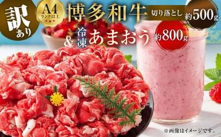 訳あり！ 博多 和牛 切り落とし 500g ＆ 冷凍 あまおう 800g セット 2種 計1.3kg イチゴ 苺 牛肉 肉 お肉 牛肩 バラ 国産牛 黒毛和牛 和牛 国産 福岡県産 福岡県 直方市