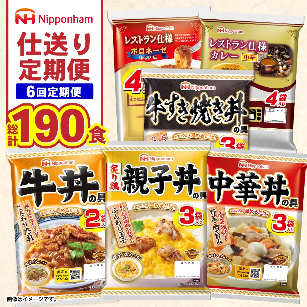 【6回定期便】仕送り定期便（ボリュームコース） 6種 190食分 / 小分け レトルト カレー レトルトカレー どんぶり 丼 パスタ パスタソース 簡単 温める　レンジ レンチン 仕送り 大学生 一人暮らし 単身赴任 防災 保存食 長期保存 常温 / 諫早市 / 日本ハム[AHAL028]