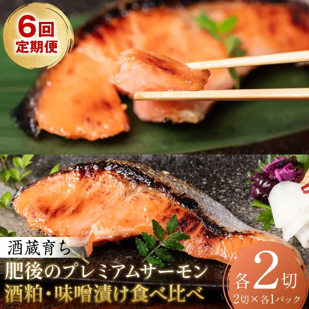 【定期便6回】 酒蔵育ち 肥後のプレミアムサーモン 食べ比べセット 粕漬け・味噌漬け 各2切入 おかず サーモン 鮭 焼き魚 粕漬け 味噌漬け 赤酒 魚 冷凍 和食 熊本県 八代市