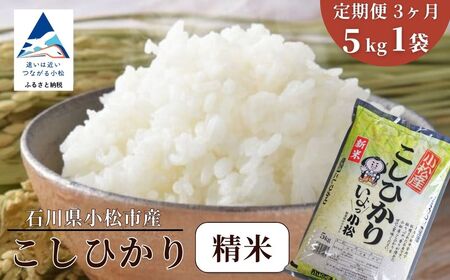 【先行予約】【定期便】 令和8年産 小松市産こしひかり 精米 5kg×3ヶ月（毎月）【JA小松市】
