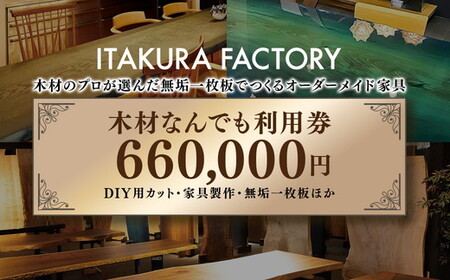 木材なんでも利用券660,000円分【木材の事ならDIY用カット・家具製作・無垢一枚板等なんでもご相談ください】 ｜ チケット 収納棚 木工製品 ※離島への配送不可