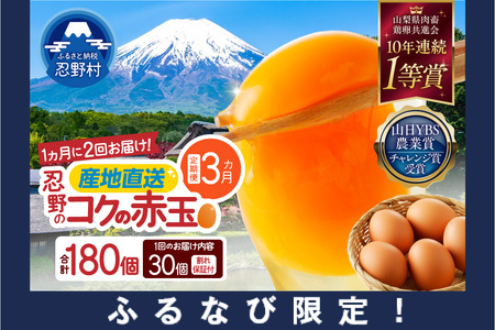 【ふるなび限定】【月2回お届け・3ヶ月定期便】”忍野の卵”コクの赤玉30個×6回 ※割れ保証含む　FN-Limited-SP