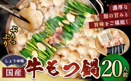 国産牛もつ鍋 20人前 ちゃんぽん 濃縮スープ付（醤油味） 黒毛和牛 国産牛 牛もつ ホルモン 冷凍 岡垣町