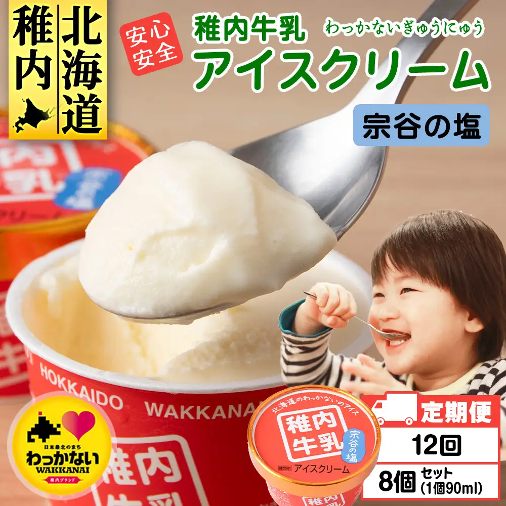 【定期便12ヶ月】稚内牛乳 アイスクリーム 宗谷の塩　8個セット（各90ml）