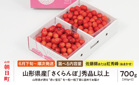 ＜ 先行予約 ＞ 山形県産 さくらんぼ （ 佐藤錦 ・ 紅秀峰 ） 秀品 L以上 700g (350g×2) 【2026年6月下旬から7月上旬発送】 山形県 果物 フルーツ 初夏 夏 送料無料