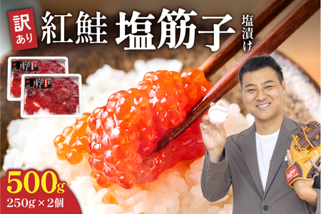 〈6月配送〉訳あり 紅鮭塩筋子500g (250g×2個入）加藤水産 ひとくちカット すじこ 魚卵 海鮮 おかず おにぎりの具 贈答 ギフト 人気 留萌市 R002-005-06