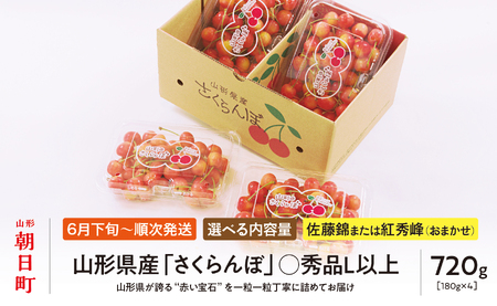 ＜ 先行予約 ＞ 山形県産 さくらんぼ （ 佐藤錦 ・ 紅秀峰 ） 丸秀品 L以上 720g (180g×4) 【2026年6月下旬から7月上旬発送】 山形県 果物 フルーツ 初夏 夏 送料無料