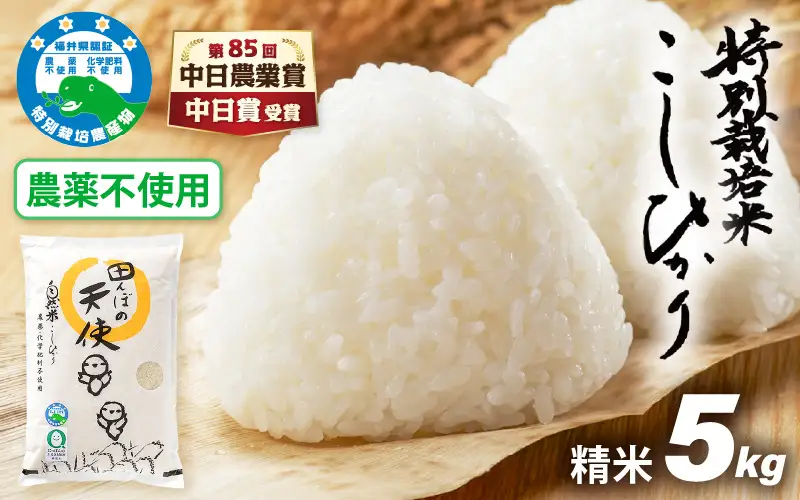 【中日賞受賞】農薬不使用 特別栽培米コシヒカリ5kg【精米】 福井県認証区分1取得「田んぼの天使」 [e10-b008]