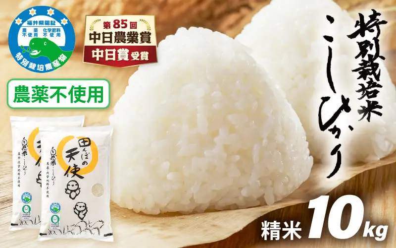 【中日賞受賞】農薬不使用 特別栽培米コシヒカリ10kg（5kg×2）【精米】福井県認証区分1取得「田んぼの天使」 [e10-d005]