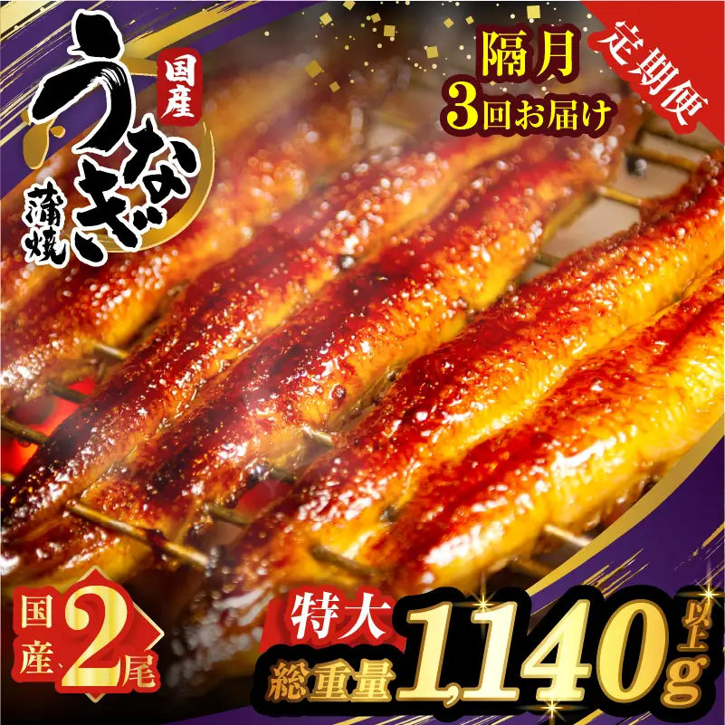 【3回隔月定期便】うなぎ蒲焼特大2尾(さんしょう・たれ付き)総重量1140g以上 鰻 魚 魚介 加工品 国産_T026-0065-K