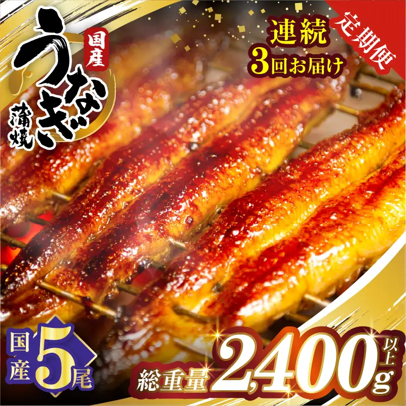 【3回連続定期便】うなぎ蒲焼5尾(さんしょう・たれ付き)総重量2400g以上 鰻 魚 魚介 加工品 国産_T026-0036-R