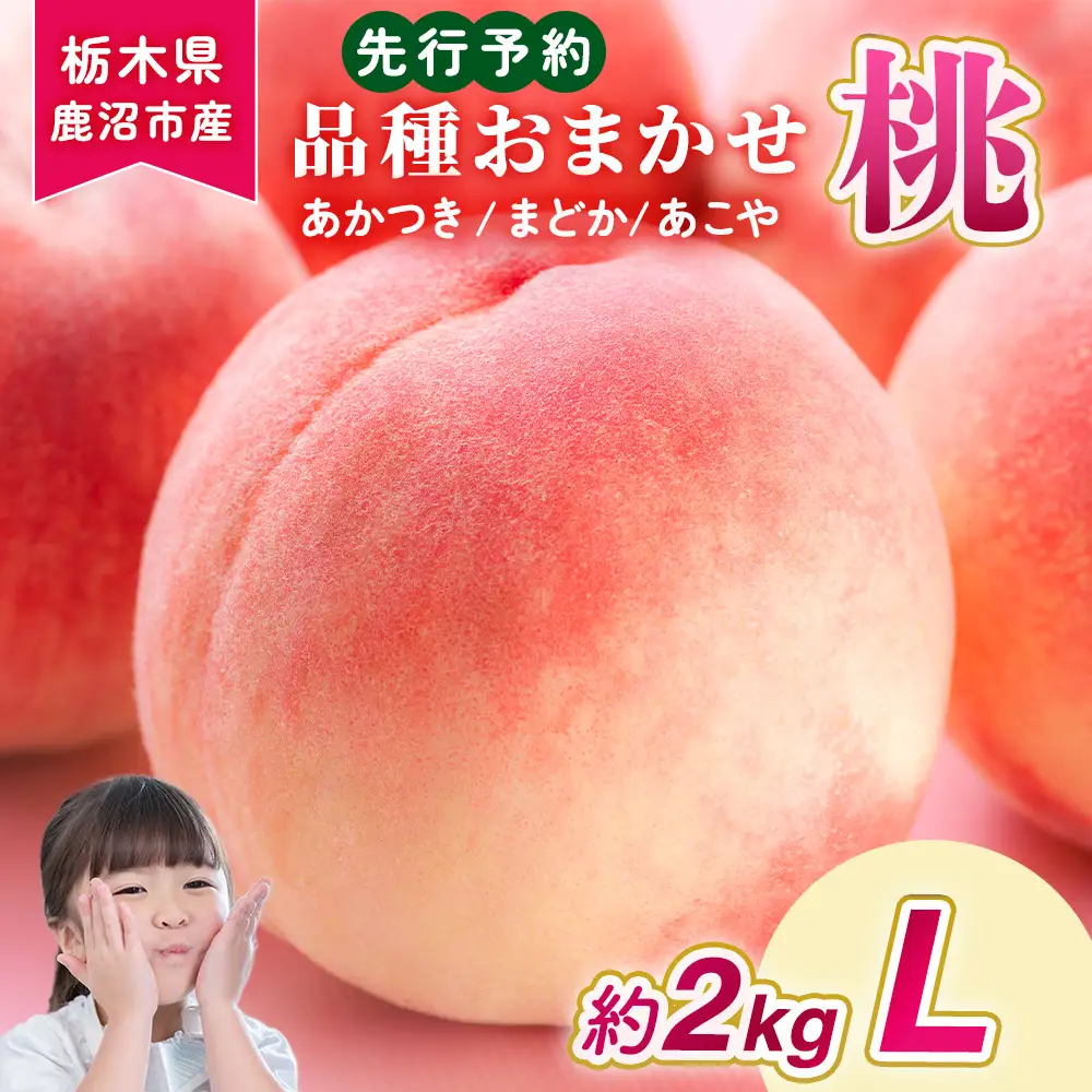 ＜先行予約＞【品種おまかせ】鹿沼市産 もも Lサイズ（2kg） ｜ 桃 モモ もも 栃木県 果物 くだもの フルーツ あかつき まどか あこや 新鮮 贈答 ギフト ※2026年7月下旬～8月中旬頃に順次発送予定 ※北海道・沖縄・離島への配送不可