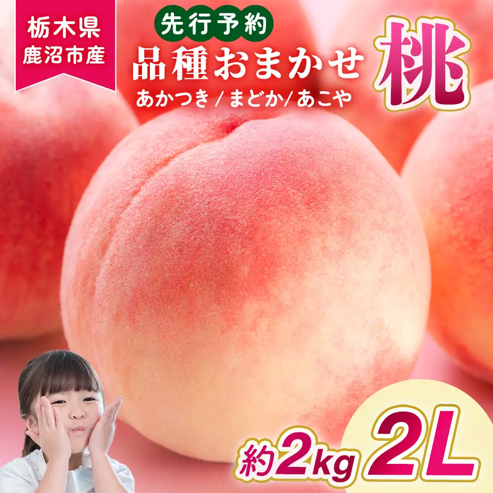 ＜先行予約＞【品種おまかせ】鹿沼市産 もも 2Lサイズ（2kg） ｜ 桃 モモ もも 栃木県 果物 くだもの フルーツ あかつき まどか あこや 新鮮 贈答 ギフト ※2026年7月下旬～8月中旬頃に順次発送予定 ※北海道・沖縄・離島への配送不可