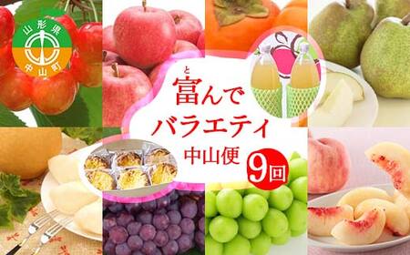 【定期便９回】富んでバラエティ中山便 さくらんぼ デラウェア 白桃 シャインマスカット 平種無柿 ラ・フランス サンふじりんご ジュース エッグタルト F4A-1015