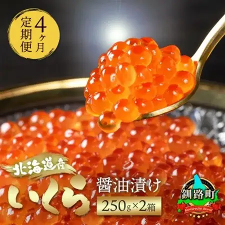【毎月定期便】いくら醤油漬け 250g×2箱 [北海道産の鮭卵]全4回【配送不可地域：離島】【4082966】