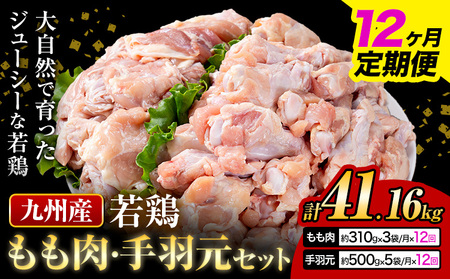 【12ヶ月定期便】 九州産 若鶏もも肉（310g×3袋）・手羽元（500g×5袋）セット 計3.43kg  鶏肉 お肉 モモ肉 もも肉 手羽先 2種類 小分け 冷凍 九州産 国産 熊本県 菊池市 送料無料《お申込み翌月から出荷》