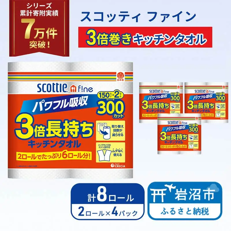 キッチンペーパー スコッティ 8ロール ファイン キッチンタオル 3倍巻き 150カット ペーパータオル