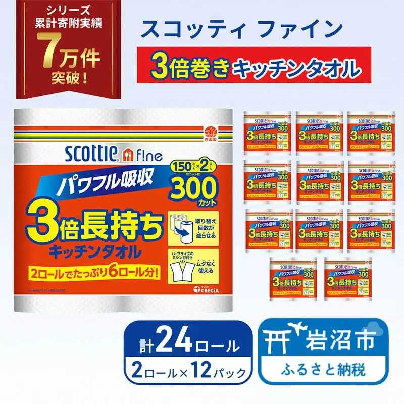 キッチンペーパー スコッティ 24ロール ファイン キッチンタオル 3倍巻き 150カット ペーパータオル