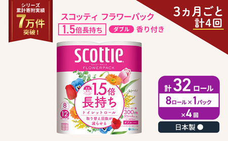定期便 トイレットペーパー ダブル スコッティ 1.5倍長持ち 8ロール × 1パック フラワーパック 香り付き《 3ヶ月ごと計 4回 》