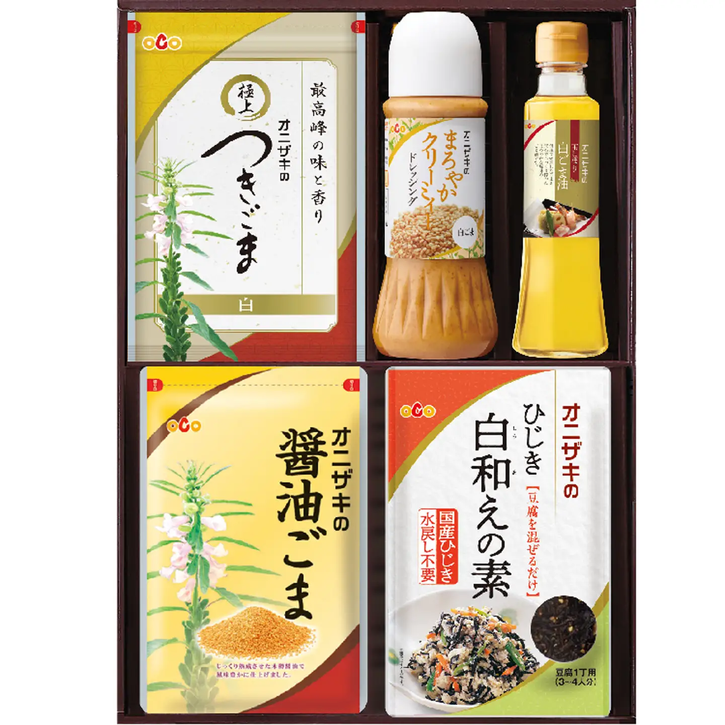 オニザキ ごま 特選セット つきごま 醤油ごま まろやかクリーミィー ドレッシング 玉しぼり白ごま油 ひじき白和えの素 _c-150