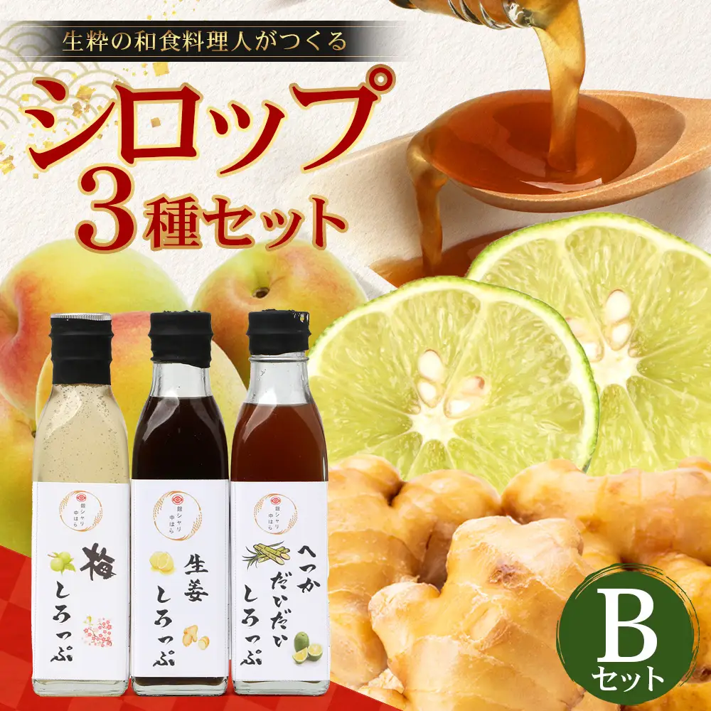 【数量限定】日本料理人が作る シロップ 3種類 Bセット/辺塚だいだいシロップ・梅シロップ・生姜シロップ (各240ｇ×1瓶) GN-15｜鹿児島県 南大隅町 果物 うめ ショウガ しょうが フルーツ シロップ 希釈 甘み 酸味 甘さ控えめ お菓子づくり 手づくり 新鮮 旬 銀シャリ中はら