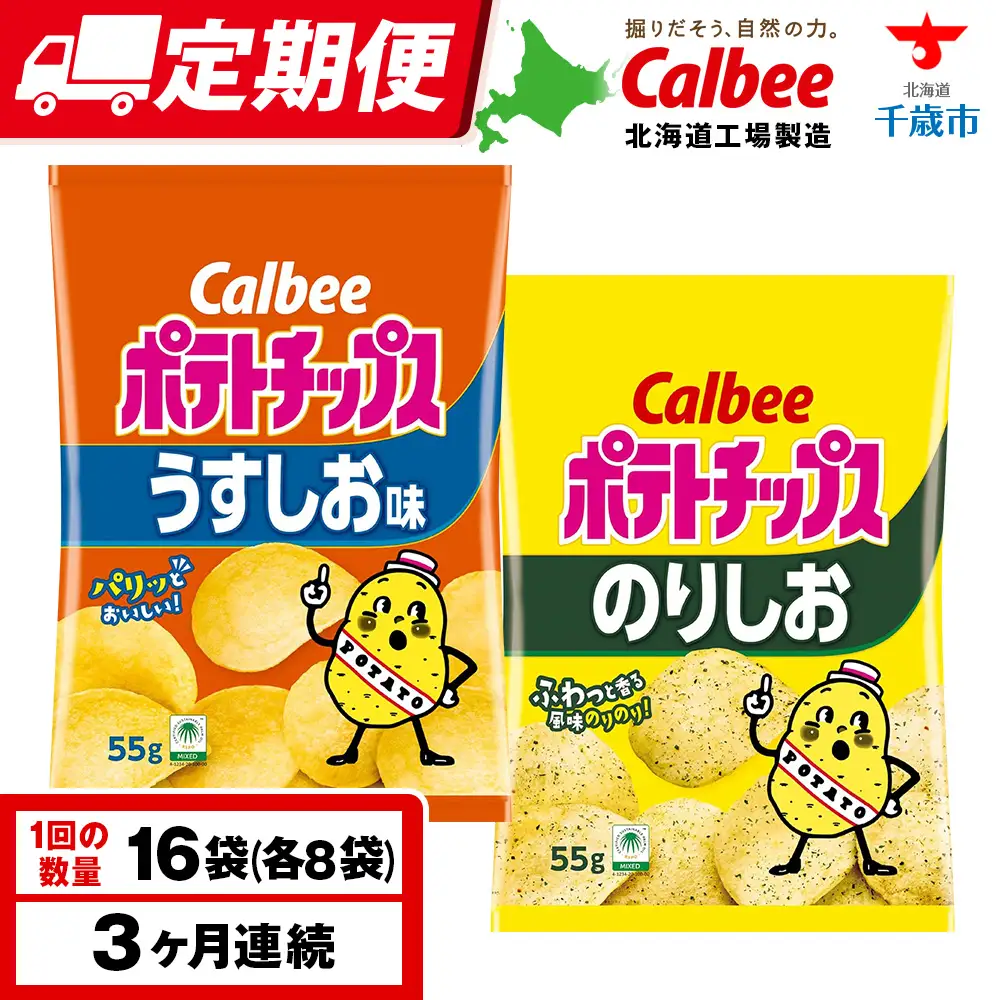 【定期便3カ月】カルビーポテトチップス 2種セット うすしお・のりしお 各8袋 《千歳工場製造》