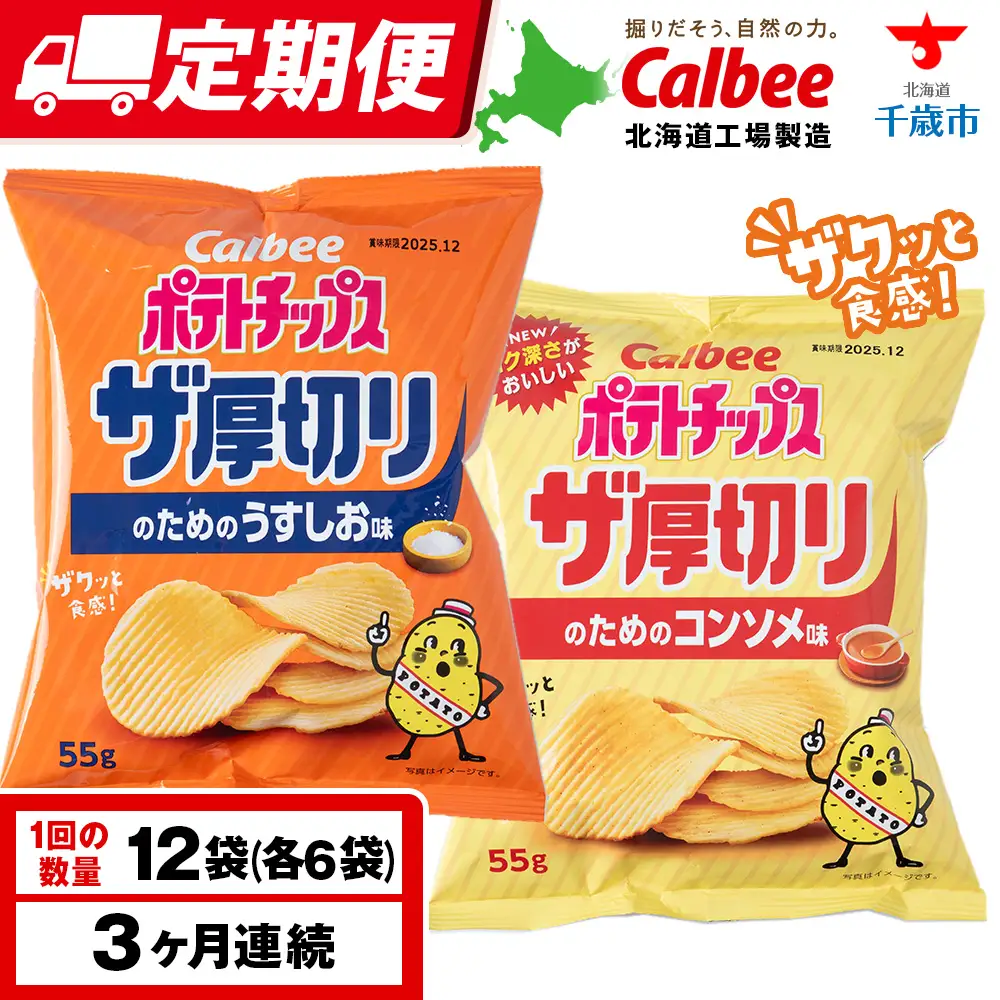 【定期便3カ月】ザ厚切りのための ２種セット うすしお・コンソメ 各6袋 カルビー ポテトチップス 《千歳工場製造》