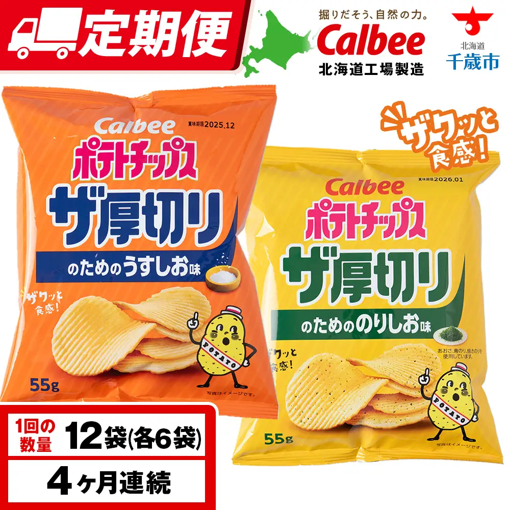 【定期便4カ月】ザ厚切りのための ２種セット うすしお・のりしお 各6袋 カルビー ポテトチップス 《千歳工場製造》