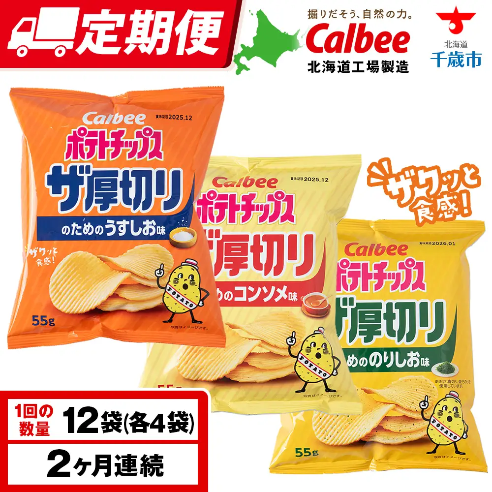 【定期便2カ月】ザ厚切りのための ３種セット うすしお・コンソメ・のりしお 各4袋 カルビー ポテトチップス 《千歳工場製造》