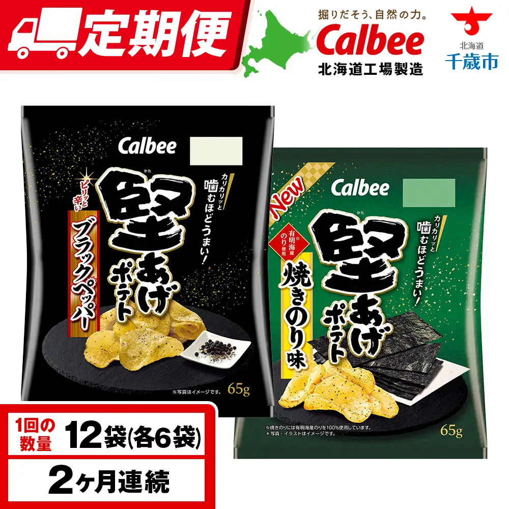【定期便2カ月】堅あげポテト 2種セットA ＜ブラックペッパー・焼きのり＞ 各6袋  カルビー ポテトチップス 《千歳工場製造》