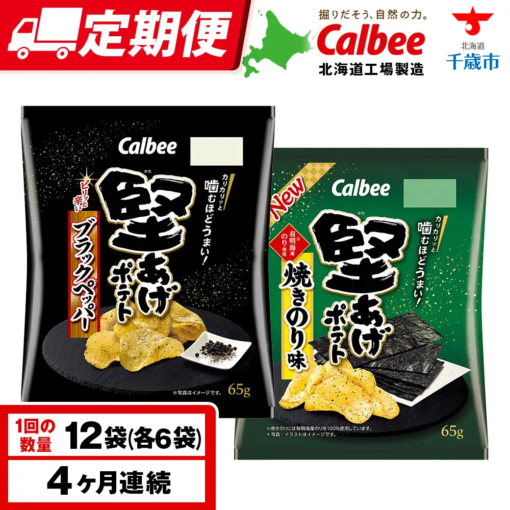【定期便4カ月】堅あげポテト 2種セットA ＜ブラックペッパー・焼きのり＞ 各6袋  カルビー ポテトチップス 《千歳工場製造》