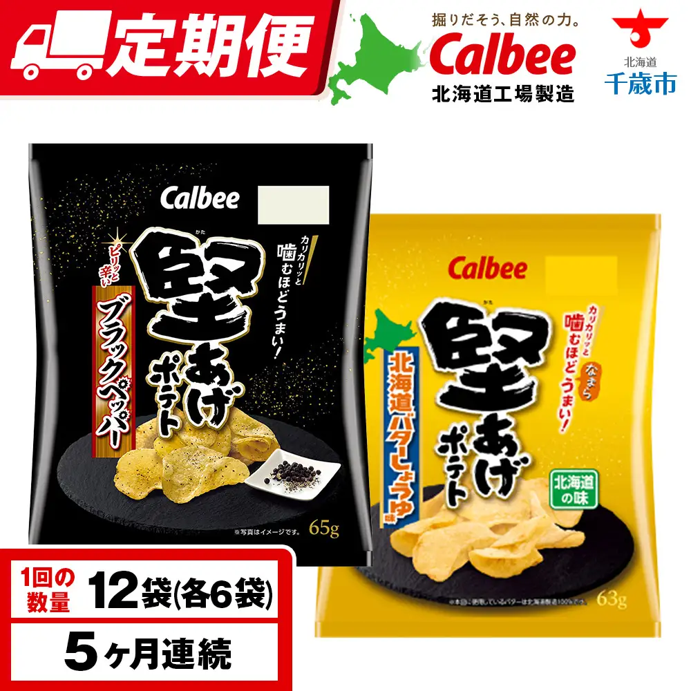【定期便5カ月】堅あげポテト 2種セットB ＜ブラックペッパー・バターしょうゆ＞ 各6袋  カルビー ポテトチップス 《千歳工場製造》