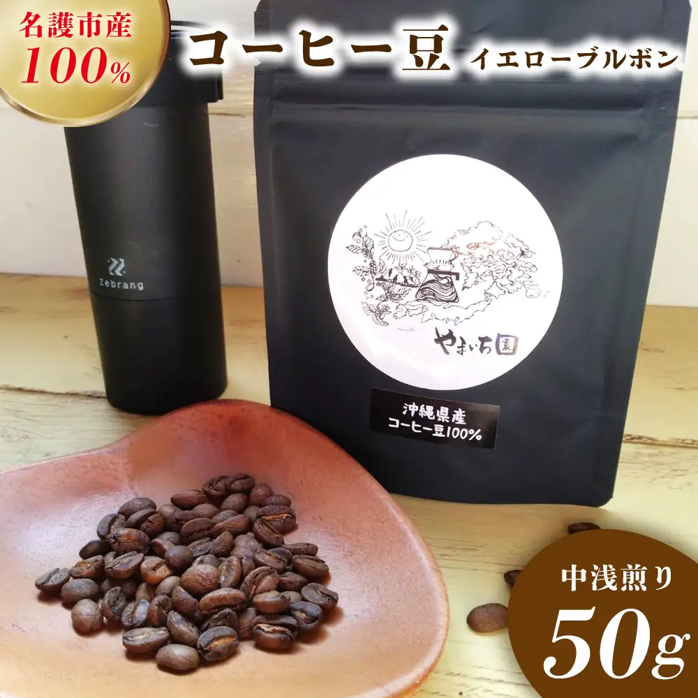 名護市産100％コーヒー豆（イエローブルボン）中浅煎り　50g 沖縄県産 名護市 コーヒー コーヒー豆 イエローブルボン 中浅煎り おいしい おすすめ 焙煎 100％コーヒー豆 人気 お取り寄せ プレゼント お土産 ギフト 贈り物 やんばる おきなわ 名護