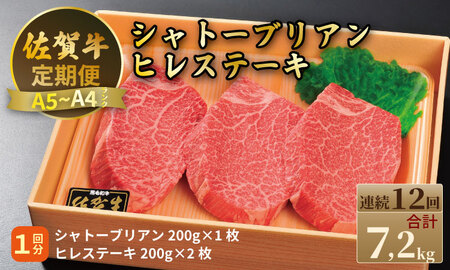 【定期便】佐賀牛 シャトーブリアン 200ｇ・ ヒレステーキ 400ｇ（全12回／連続お届け） 冷凍 赤身 国産 お肉 ブランド牛 牛肉 ステーキ フィレ 希少部位 贅沢 川べぇ  Q888-001