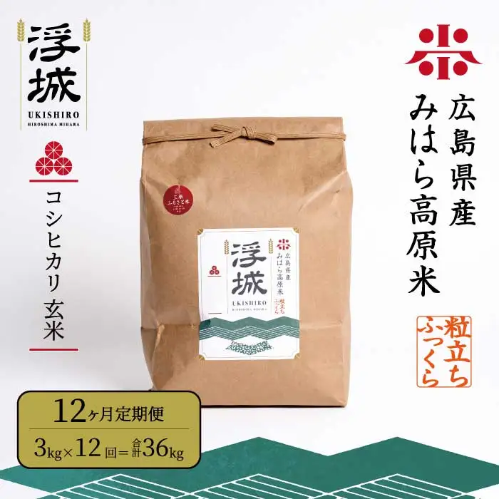 《令和7年》【12か月定期便】みはら高原米 浮城 ～ こしひかり ～ 玄米 3kg コシヒカリ お米 米 ごはん ご飯 広島県 三原市 220062
