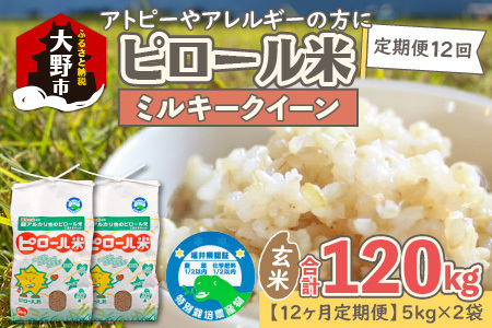【先行予約】【令和8年産 新米】【12ヶ月定期便】ミネラル豊富！弱アルカリ性のピロール米 ミルキークイーン 玄米 10kg（5kg×2袋）× 12回　計120kg 化学肥料5割以下・減農薬