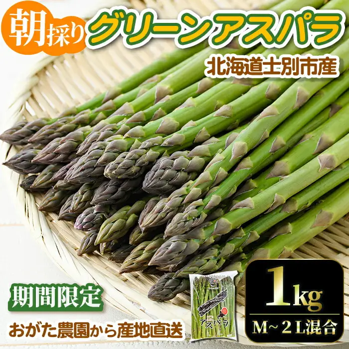 《数量・期間限定》朝採り グリーンアスパラ(1kg・ M～2L混合)【2026年4月下旬以降発送予定】アスパラガス アスパラ 北海道産 野菜 朝採り 産地直送 新鮮野菜 【おがた農園】【B7076】