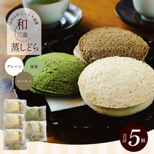 【蒸しどら3種 5個入 】和三盆 プレーン×3 抹茶×1 コーヒー×1 どら焼き 和菓子 餡 ふわふわ しっとり食感 あいちの匠 ものづくりマイスター 優秀和菓子職 愛知県優秀技能者表彰受賞 H181-009
