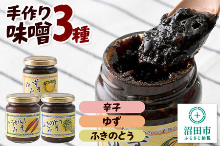 手作り味噌3種セット（辛子、ゆず、ふきのとう） 【菓子工房 ミセス・マサコ】