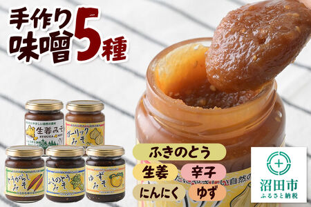 手作り味噌5種セット（ふきのとう、生姜、辛子、にんにく、ゆず） 【菓子工房 ミセス・マサコ】