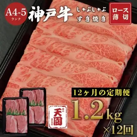【毎月定期便】【ふるさと納税 定期便】神戸牛 霜降り肩ロースしゃぶしゃぶすき焼き1.2kg×全12回【配送不可地域：離島】【4084084】