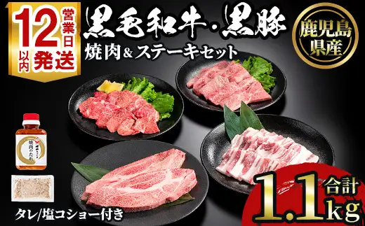 No.1360 黒毛和牛・黒豚バラの焼肉＆黒毛和牛ステーキのセット(合計1.1kg！和牛ロース/バラ200g・和牛モモ200g・和牛ロースステーキ200g×2・黒豚バラ300g) 国産 九州産 鹿児島県産 牛肉 豚肉 黒毛和牛 和牛 お肉 おかず ステーキ ロース 冷凍 【NBフード】