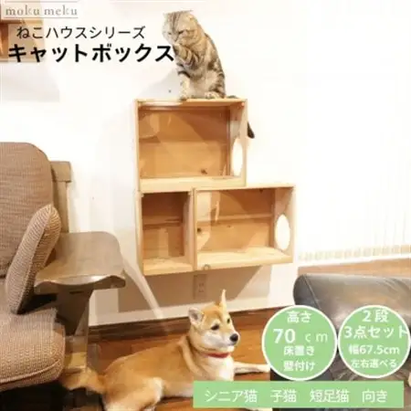 床置きタワー・壁付けキャットウォークで使えるキャットボックス　2段3点セット(左上がり)【1186734】