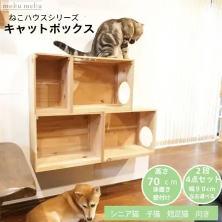 床置きタワー・壁付けキャットウォークで使えるキャットボックス　2段4点セット(左上がり)【1186736】