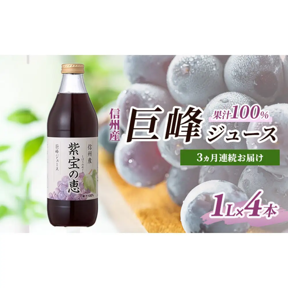 【定期便】3ヵ月連続お届け 信州産 巨峰ジュース 果汁100％　「紫宝の恵」 (1L×4本) | ジュース 巨峰 ストレート 定期便