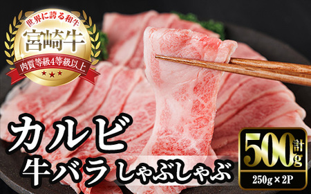宮崎牛 カルビカット しゃぶしゃぶ (計500g・250g×2) しゃぶしゃぶ お肉 牛肉 黒毛和牛 宮崎牛 ブランド和牛 冷凍 国産 宮崎県産 カルビ バラ 【YM-34】【YAMATO株式会社】
