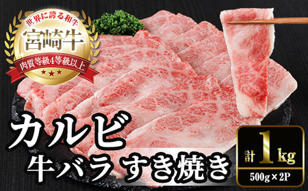 宮崎牛 カルビカット すき焼き (計1kg・500g×2) すき焼き お肉 牛肉 黒毛和牛 宮崎牛 ブランド和牛 冷凍 国産 宮崎県産 カルビ バラ 【YM-36】【YAMATO株式会社】