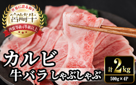 宮崎牛 カルビカット しゃぶしゃぶ (計2kg・500g×4) しゃぶしゃぶ お肉 牛肉 黒毛和牛 宮崎牛 ブランド和牛 冷凍 国産 宮崎県産 カルビ バラ 【YM-40】【YAMATO株式会社】