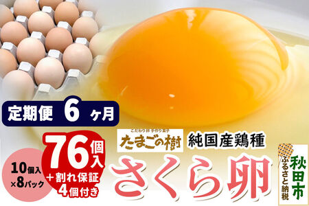 《定期便6ヶ月》 たまごの樹 純国産鶏種 卵『さくら』76個+割れ保証4個付き（10個入×8パック）