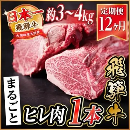 【毎月定期便】飛騨牛 ヒレ1本(約3～4kg)【シャトーブリアン＆ヒレ】A4～A5 ステーキ全12回【配送不可地域：離島】【4084172】